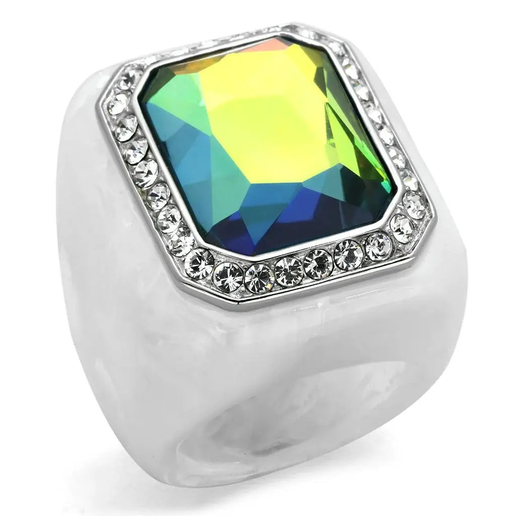VL111 - High polished (no plating) Stainless Steel Ring with Synthetic Synthetic Stone in Aquamarine AB - Alamode - Flyclothing LLC