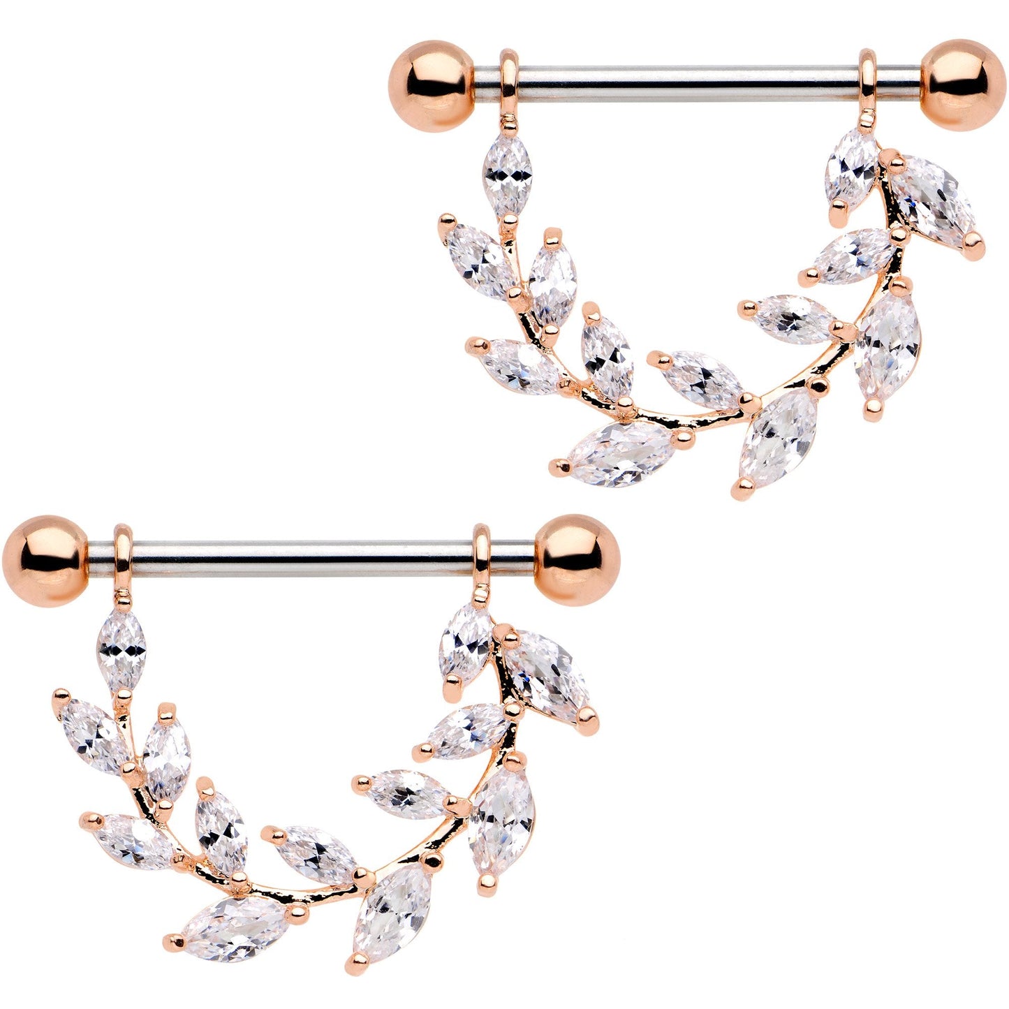 9/16 Clear CZ Gem Rose Gold Tone Ivy Leaf Dangle Nipple Ring Set - BodyCandy - Flyclothing LLC