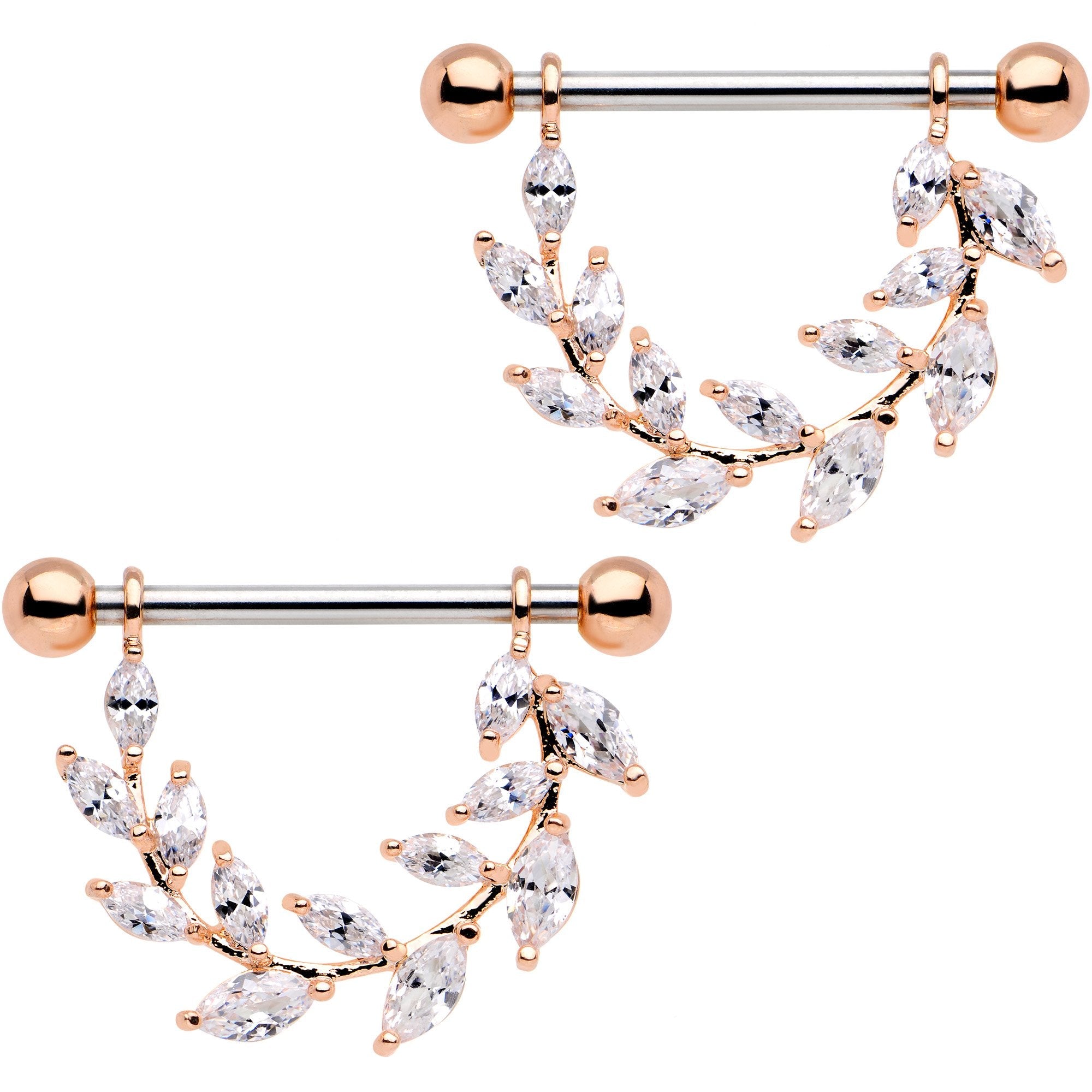 9/16 Clear CZ Gem Rose Gold Tone Ivy Leaf Dangle Nipple Ring Set - BodyCandy - Flyclothing LLC