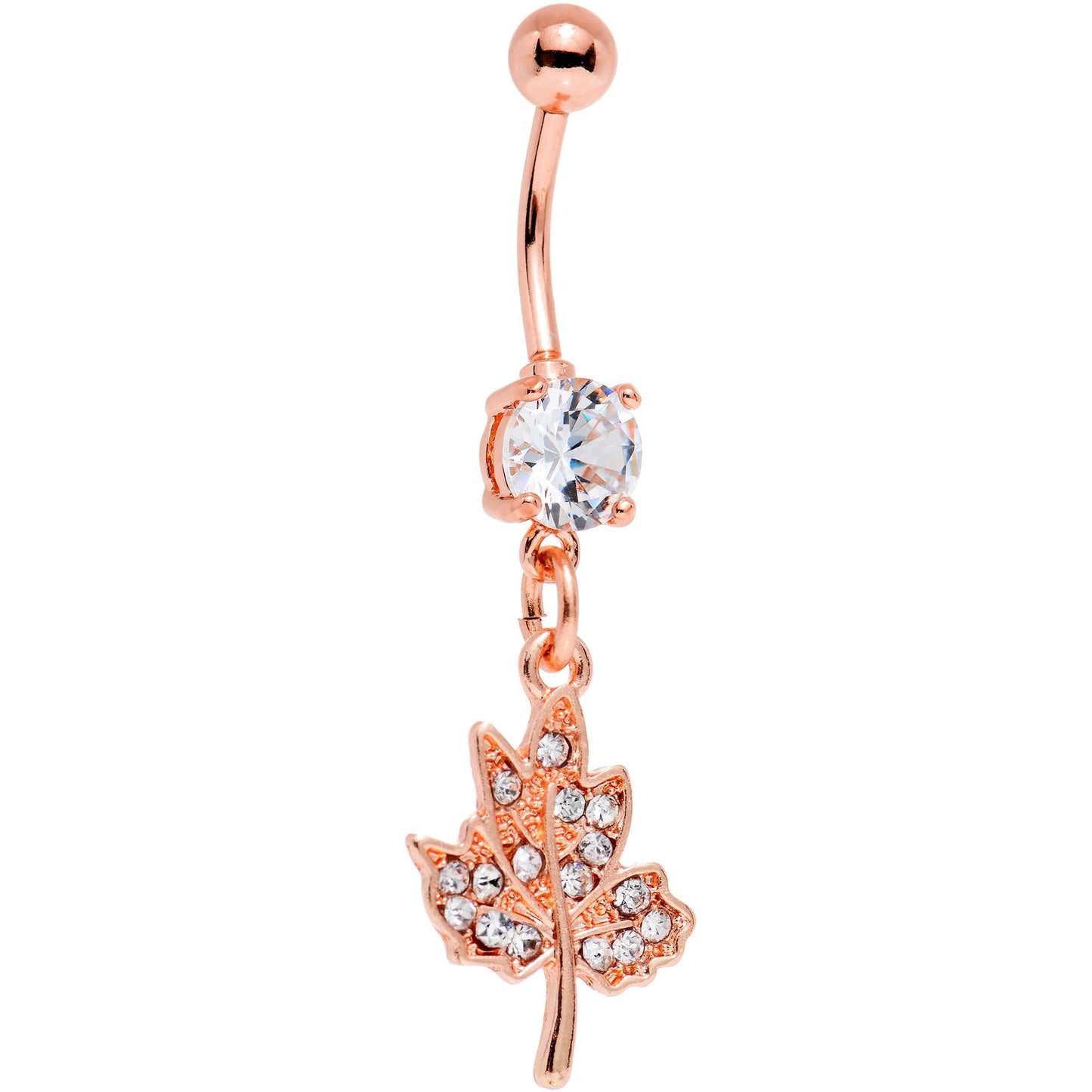 Clear Gem Rose Gold PVD Maple Leaf Dangle Belly Ring - BodyCandy - Flyclothing LLC