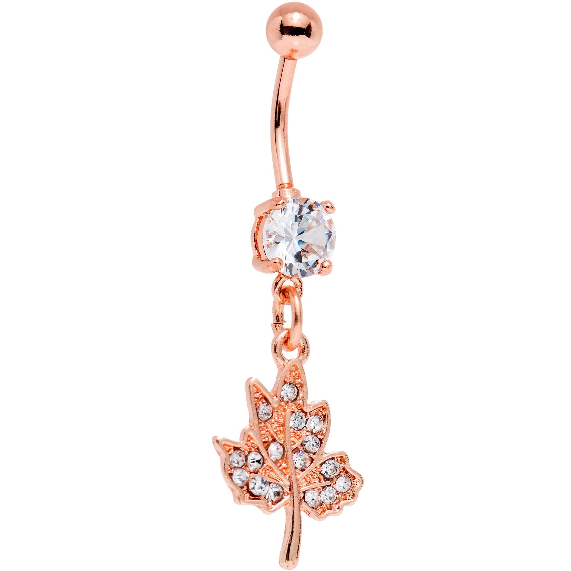 Clear Gem Rose Gold PVD Maple Leaf Dangle Belly Ring - BodyCandy - Flyclothing LLC