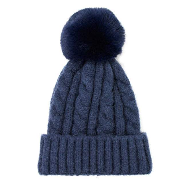 Warm Chunky Cable Knit Beanie Pom Pom Hat Beanie Winter Hat - Madeline Love - Flyclothing LLC