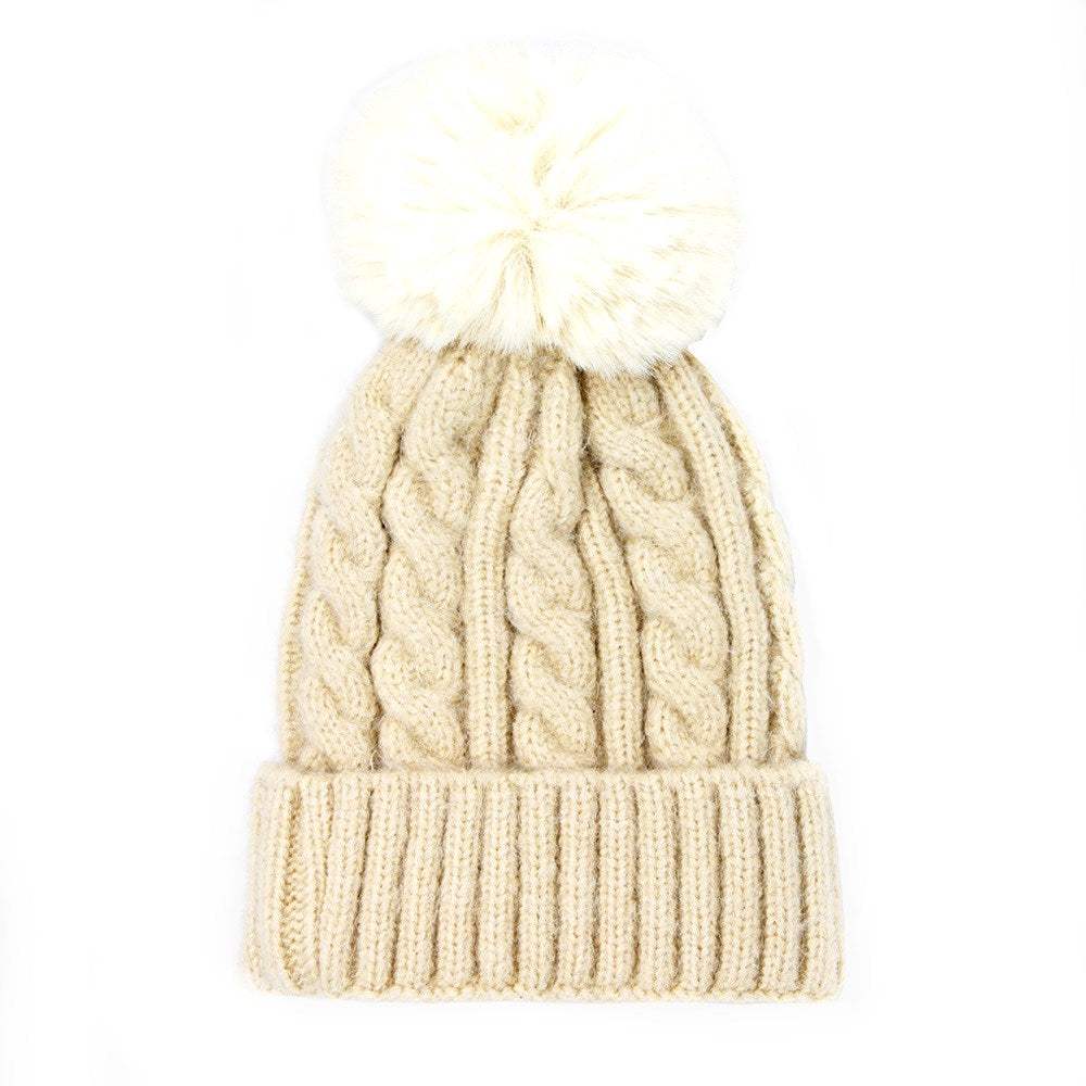 Warm Chunky Cable Knit Beanie Pom Pom Hat Beanie Winter Hat - Madeline Love - Flyclothing LLC