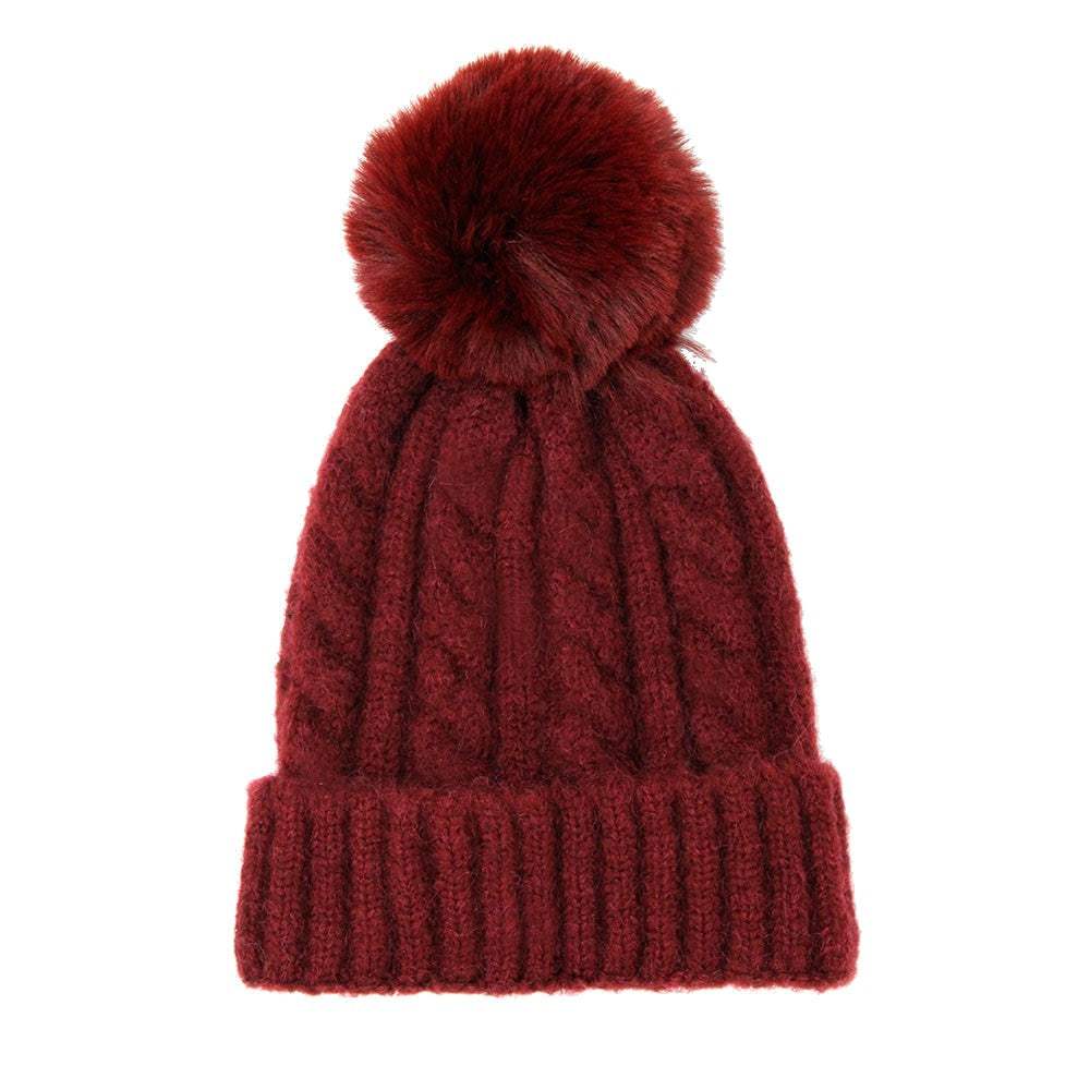 Warm Chunky Cable Knit Beanie Pom Pom Hat Beanie Winter Hat - Madeline Love - Flyclothing LLC