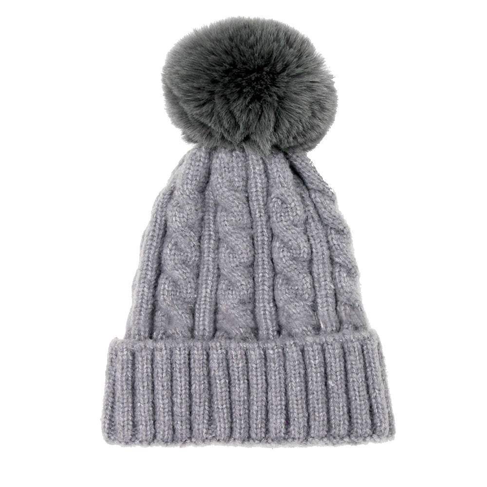 Warm Chunky Cable Knit Beanie Pom Pom Hat Beanie Winter Hat - Madeline Love - Flyclothing LLC