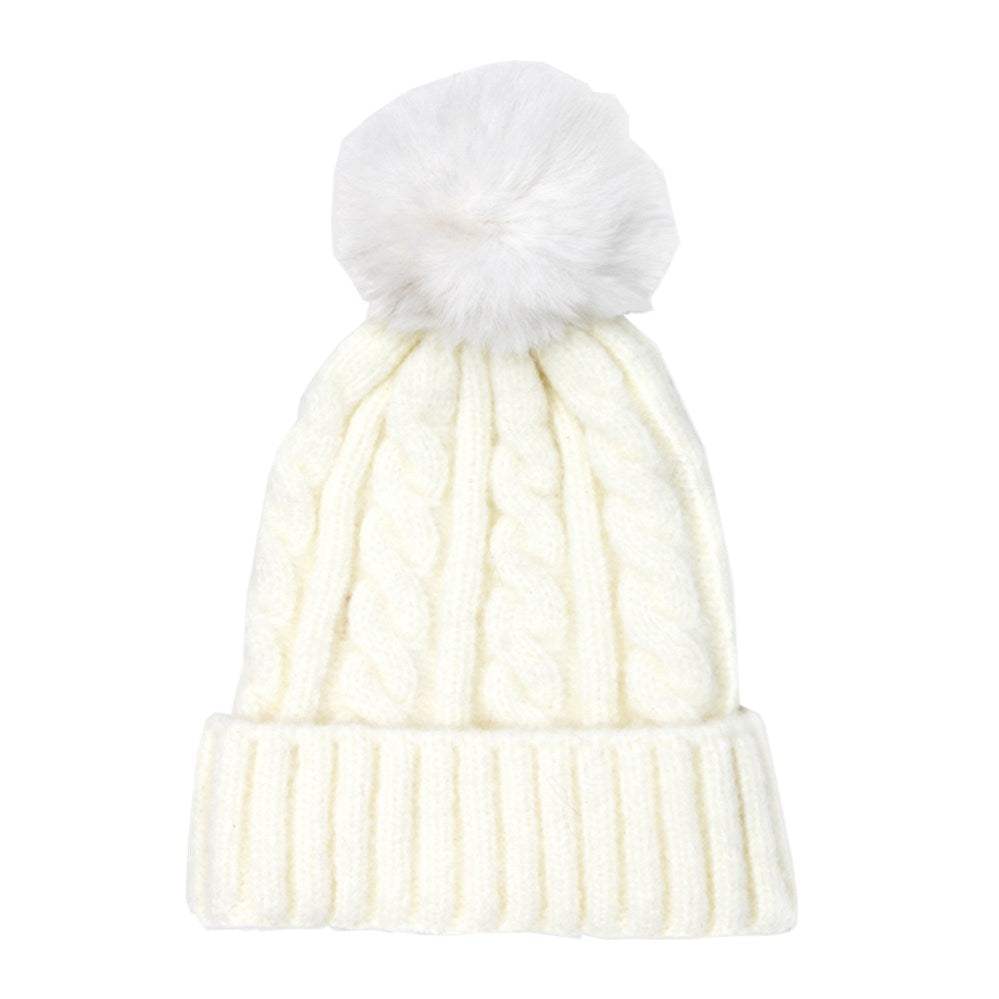 Warm Chunky Cable Knit Beanie Pom Pom Hat Beanie Winter Hat - Madeline Love - Flyclothing LLC