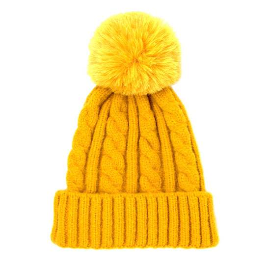 Warm Chunky Cable Knit Beanie Pom Pom Hat Beanie Winter Hat - Madeline Love - Flyclothing LLC