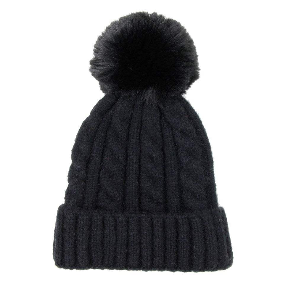 Warm Chunky Cable Knit Beanie Pom Pom Hat Beanie Winter Hat - Madeline Love - Flyclothing LLC