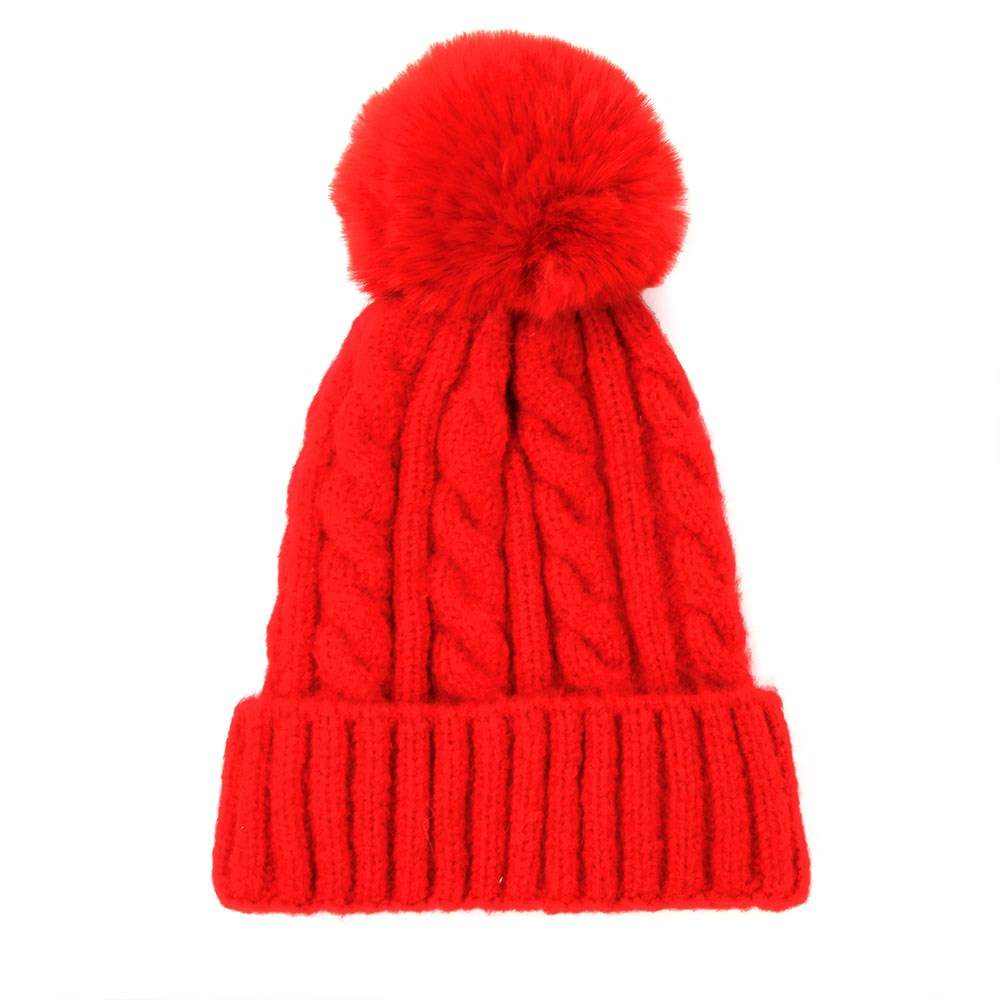 Warm Chunky Cable Knit Beanie Pom Pom Hat Beanie Winter Hat - Madeline Love - Flyclothing LLC