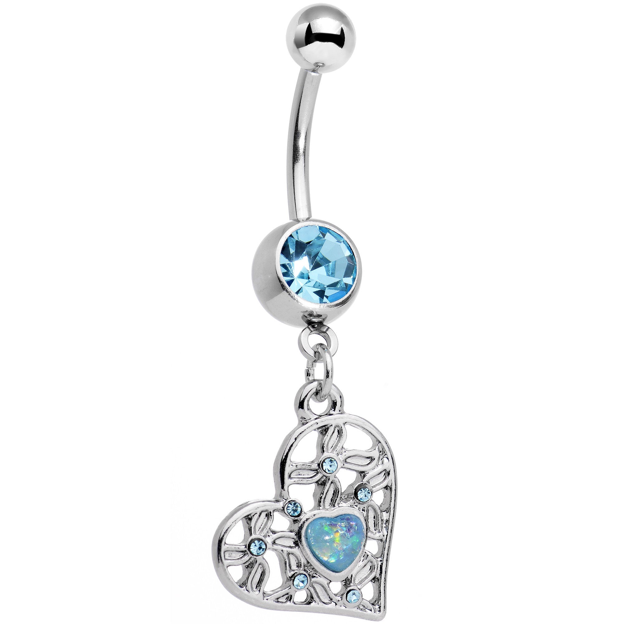 Blue Faux Opal Aqua Gem Sea Heart Dangle Belly Ring - BodyCandy - Flyclothing LLC