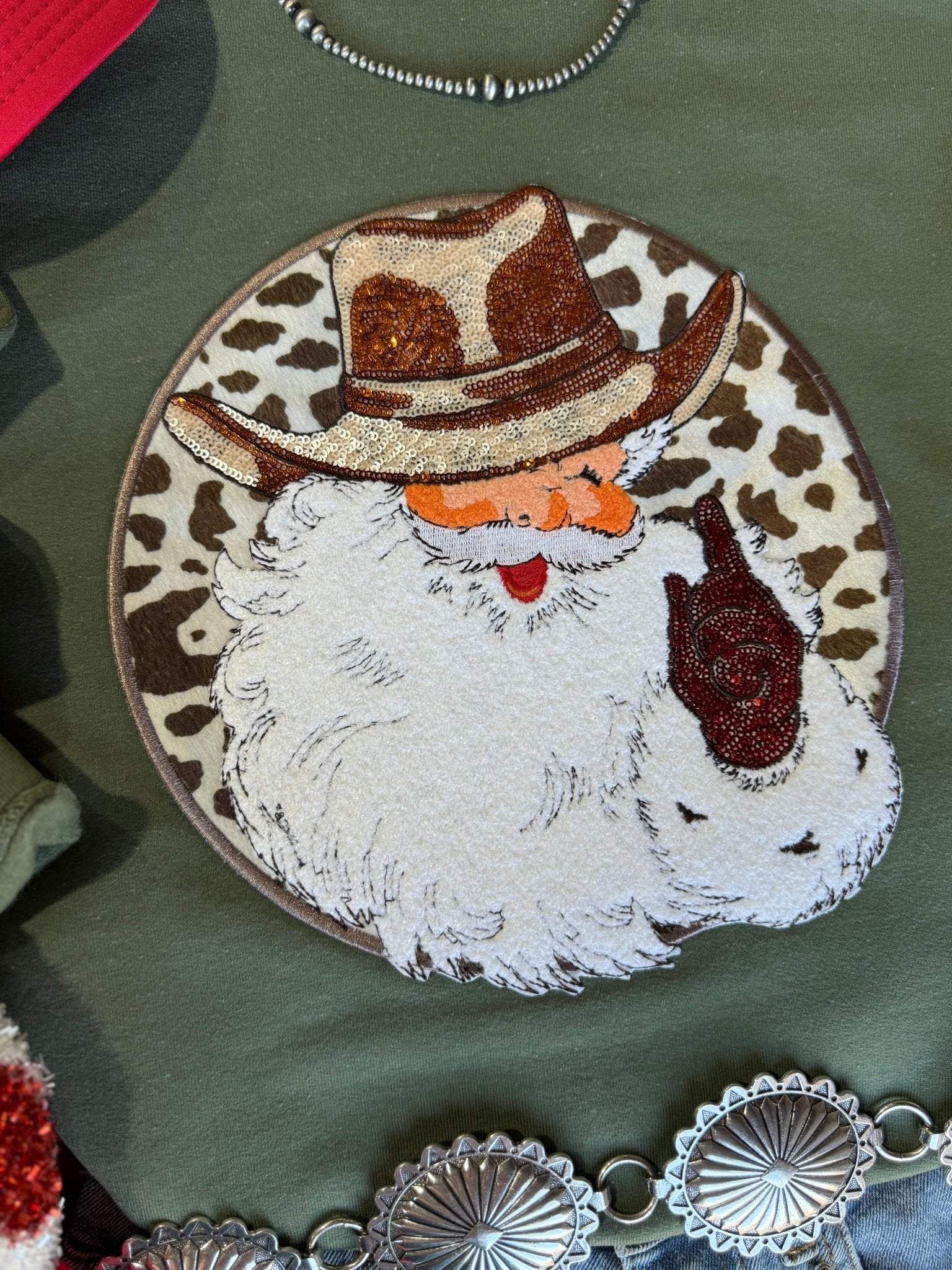 Western Santa Sequin Patch Sweatshirt - Wild Junkie - Flyclothing LLC