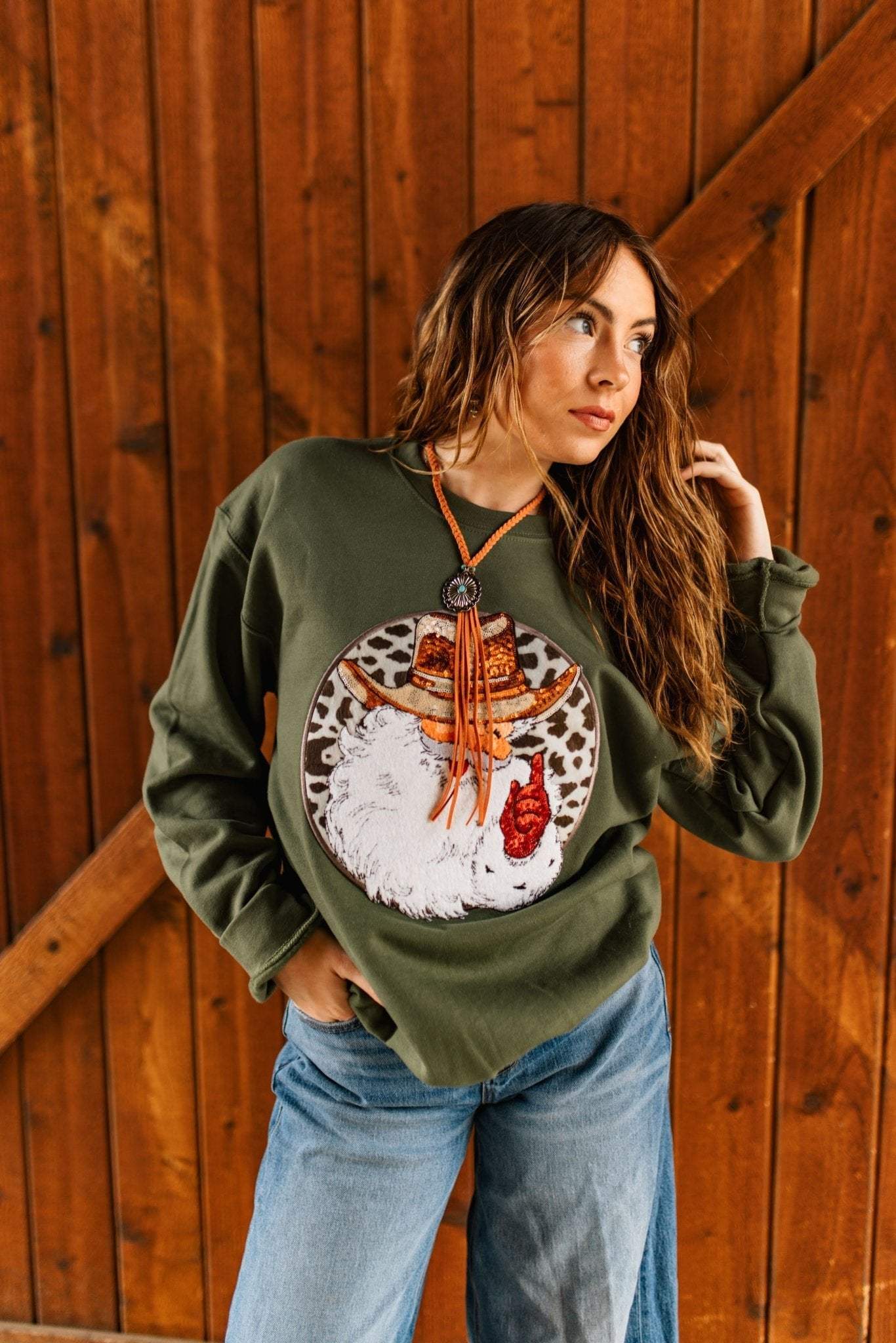 Western Santa Sequin Patch Sweatshirt - Wild Junkie - Flyclothing LLC
