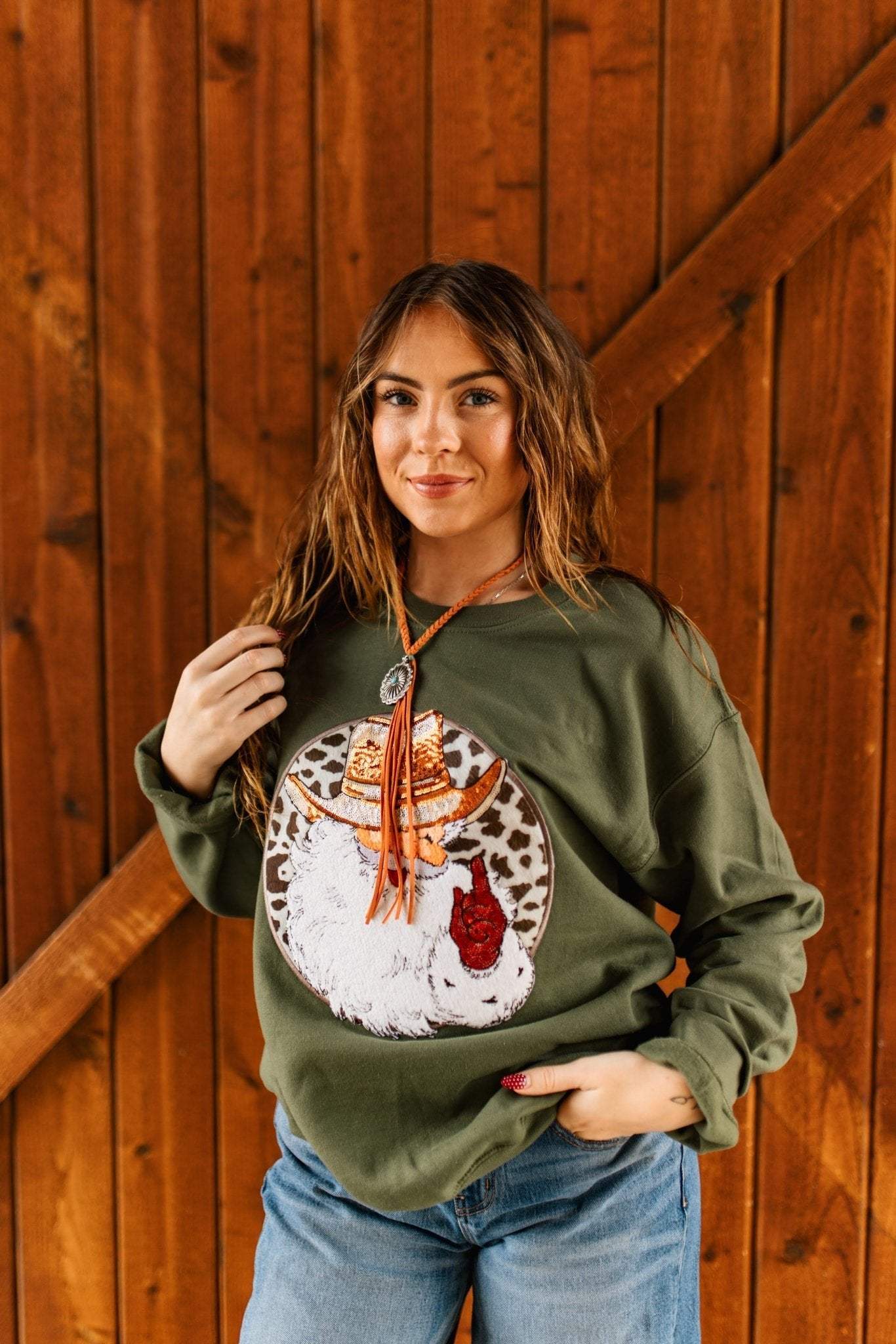 Western Santa Sequin Patch Sweatshirt - Wild Junkie - Flyclothing LLC