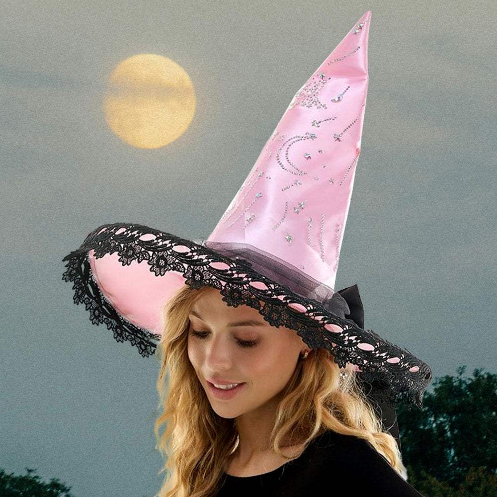 Whimsical Lace Trim Starry Rhinestone Studded Halloween Witch Hat - Madeline Love - Flyclothing LLC