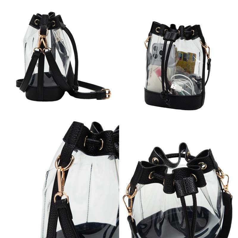 Solid Faux Leather Transparent Bucket Bag - Madeline Love - Flyclothing LLC