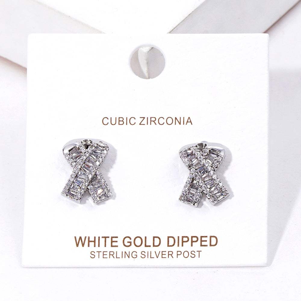 White Gold Dipped Cubic Zirconia Pink Ribbon Stud Earrings - Madeline Love - Flyclothing LLC