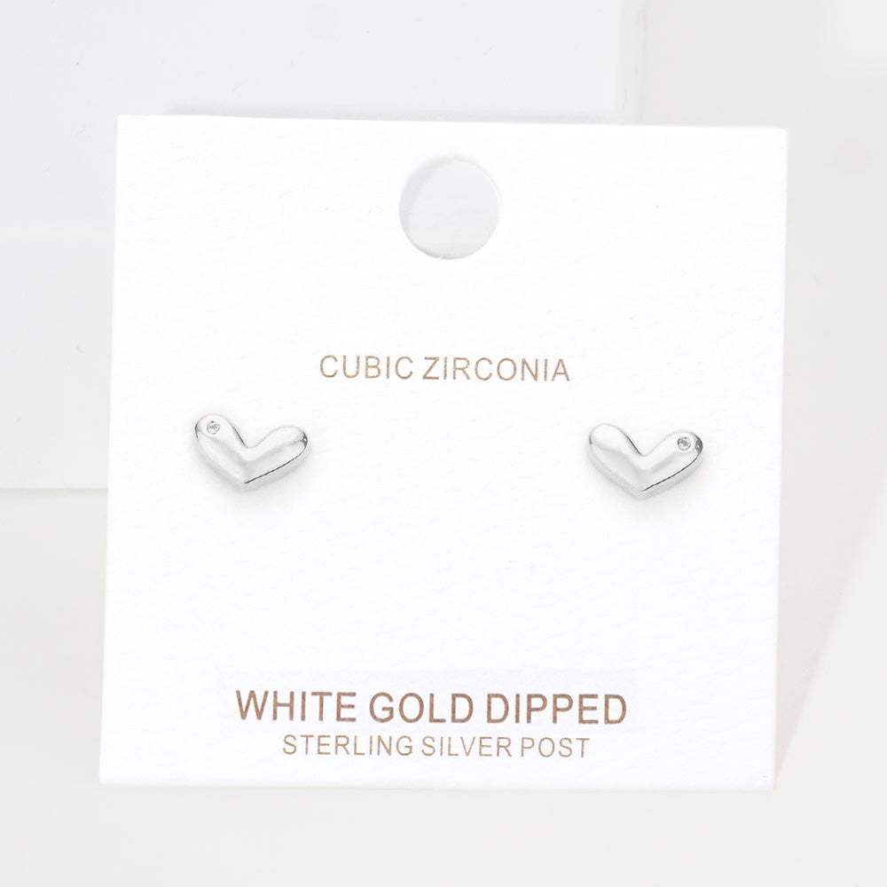 White Gold Dipped CZ Embellished Heart Stud Earrings - Madeline Love - Flyclothing LLC