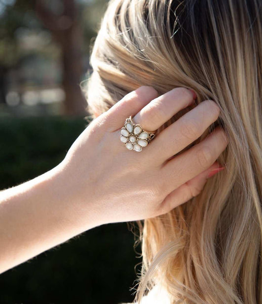 White Hibiscus Mother of Pearl and Golden Ring - Barse Jewelry - Flyclothing LLC