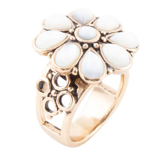White Hibiscus Mother of Pearl and Golden Ring - Barse Jewelry - Flyclothing LLC