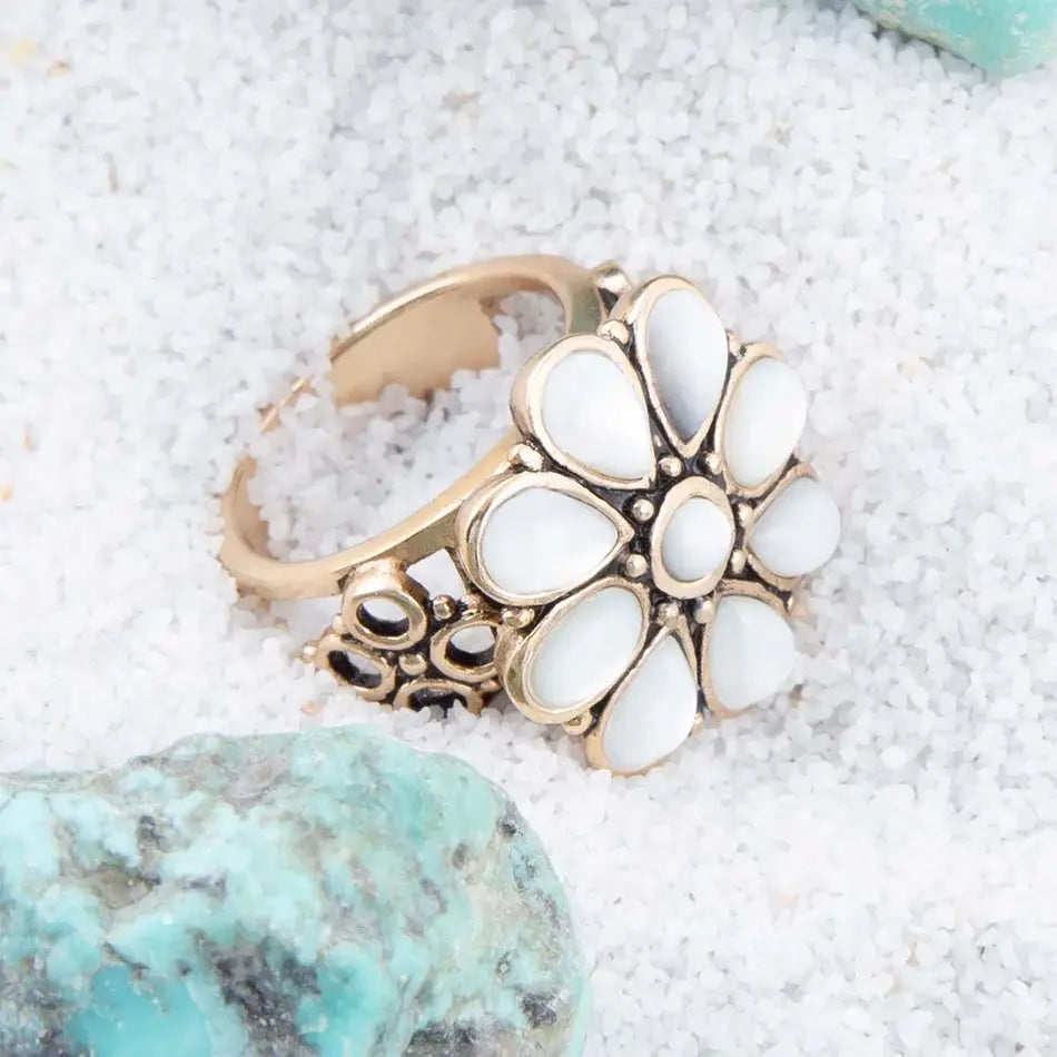 White Hibiscus Mother of Pearl and Golden Ring - Barse Jewelry - Flyclothing LLC