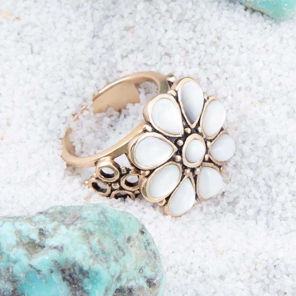 White Hibiscus Mother of Pearl and Golden Ring - Barse Jewelry - Flyclothing LLC