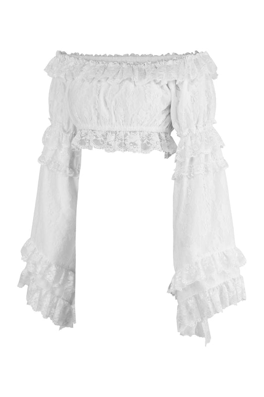 Daisy Corsets White Lace Smocked Flare Sleeve Peasant Top