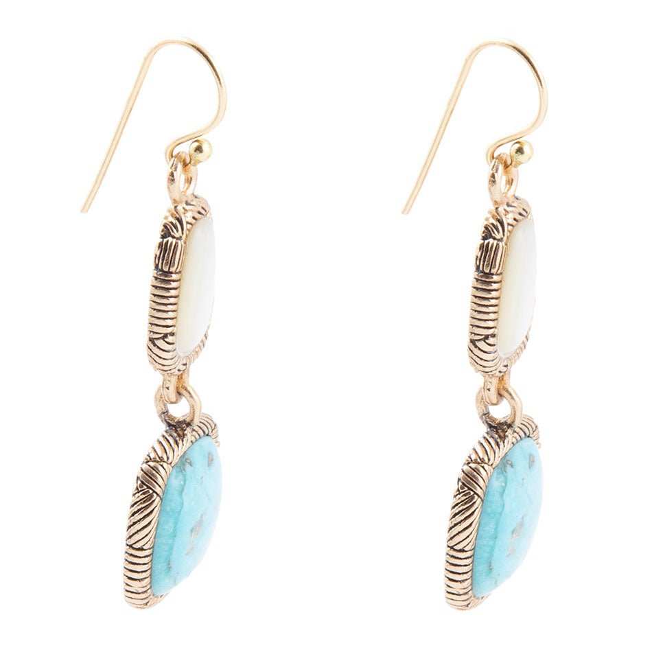White Mother of Pearl and Blue turquoise Golden Bronze Drop Earrings - Barse Jewelry - Flyclothing LLC