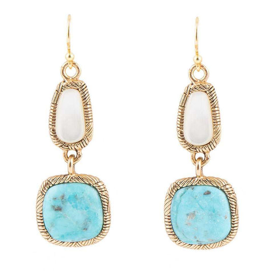 White Mother of Pearl and Blue turquoise Golden Bronze Drop Earrings - Barse Jewelry - Flyclothing LLC