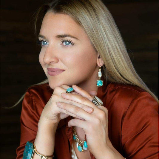 White Mother of Pearl and Blue turquoise Golden Bronze Drop Earrings - Barse Jewelry - Flyclothing LLC