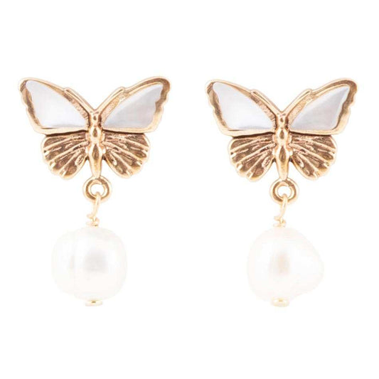 White Mother of Pearl Golden Butterflies Post Drop Earrings - Barse Jewelry - Flyclothing LLC