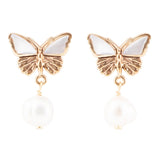 White Mother of Pearl Golden Butterflies Post Drop Earrings - Barse Jewelry