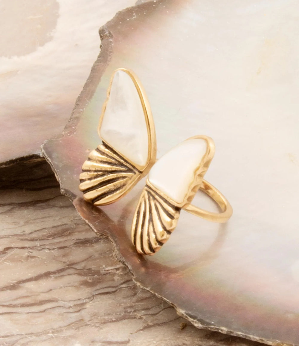 White Mother of Pearl Golden Butterfly Statement Ring - Barse Jewelry - Flyclothing LLC