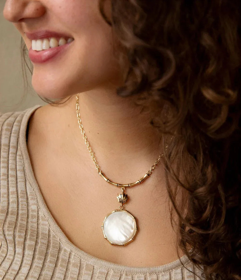 White Mother of Pearl Golden Statement Pendant Necklace - Barse Jewelry - Flyclothing LLC