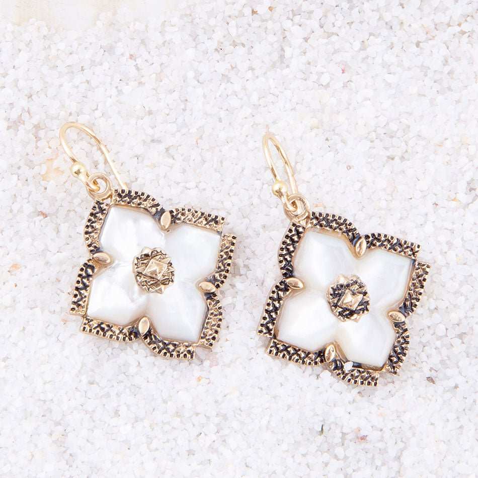 White Mother of Pearl Maltese Cross Golden Drop Earrings - Barse Jewelry - Flyclothing LLC