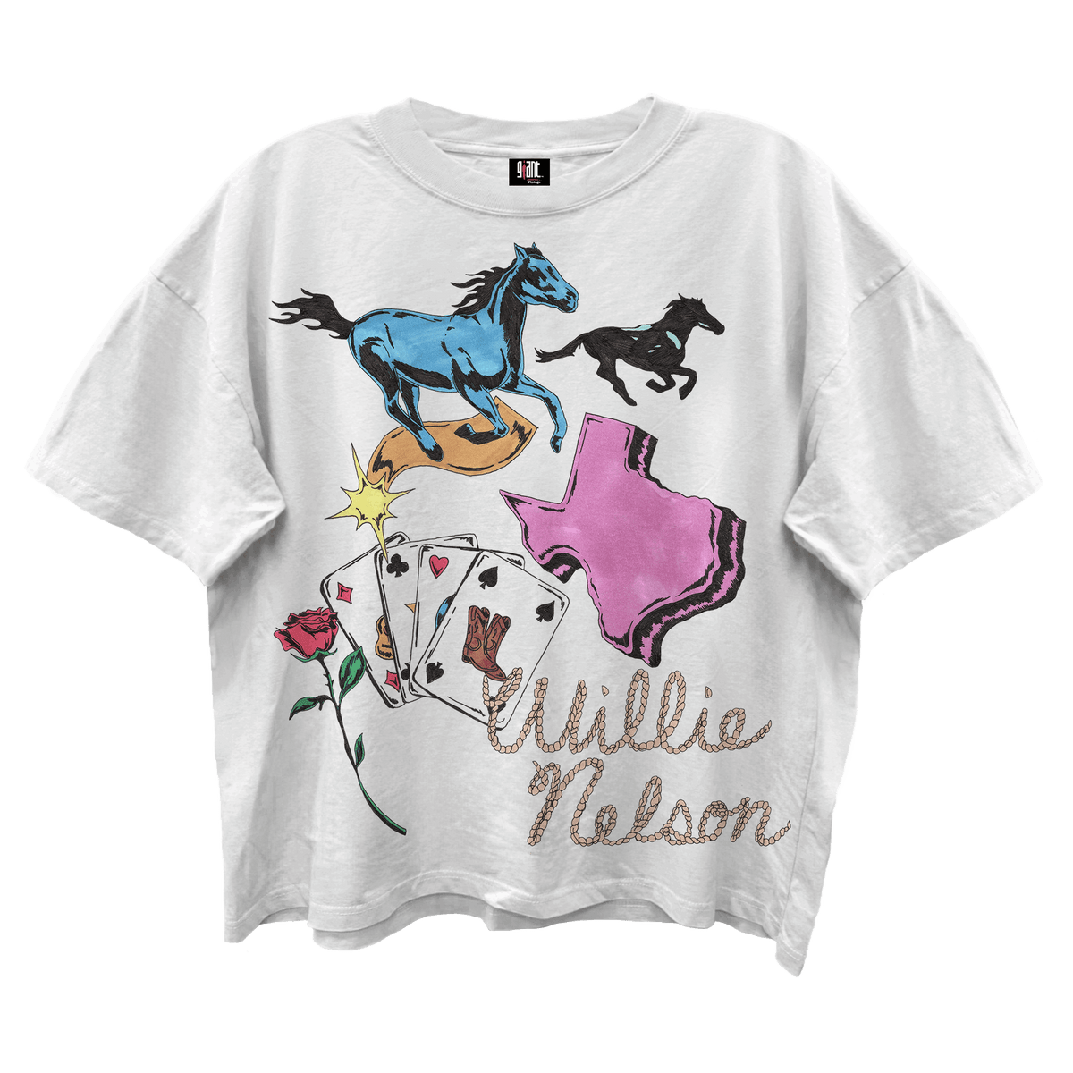WILLIE NELSON HORSES CARDS AND TEXAS CROPPED BLANC WHITE T-SHIRT GIANT VINTAGE - GMerch - Flyclothing LLC