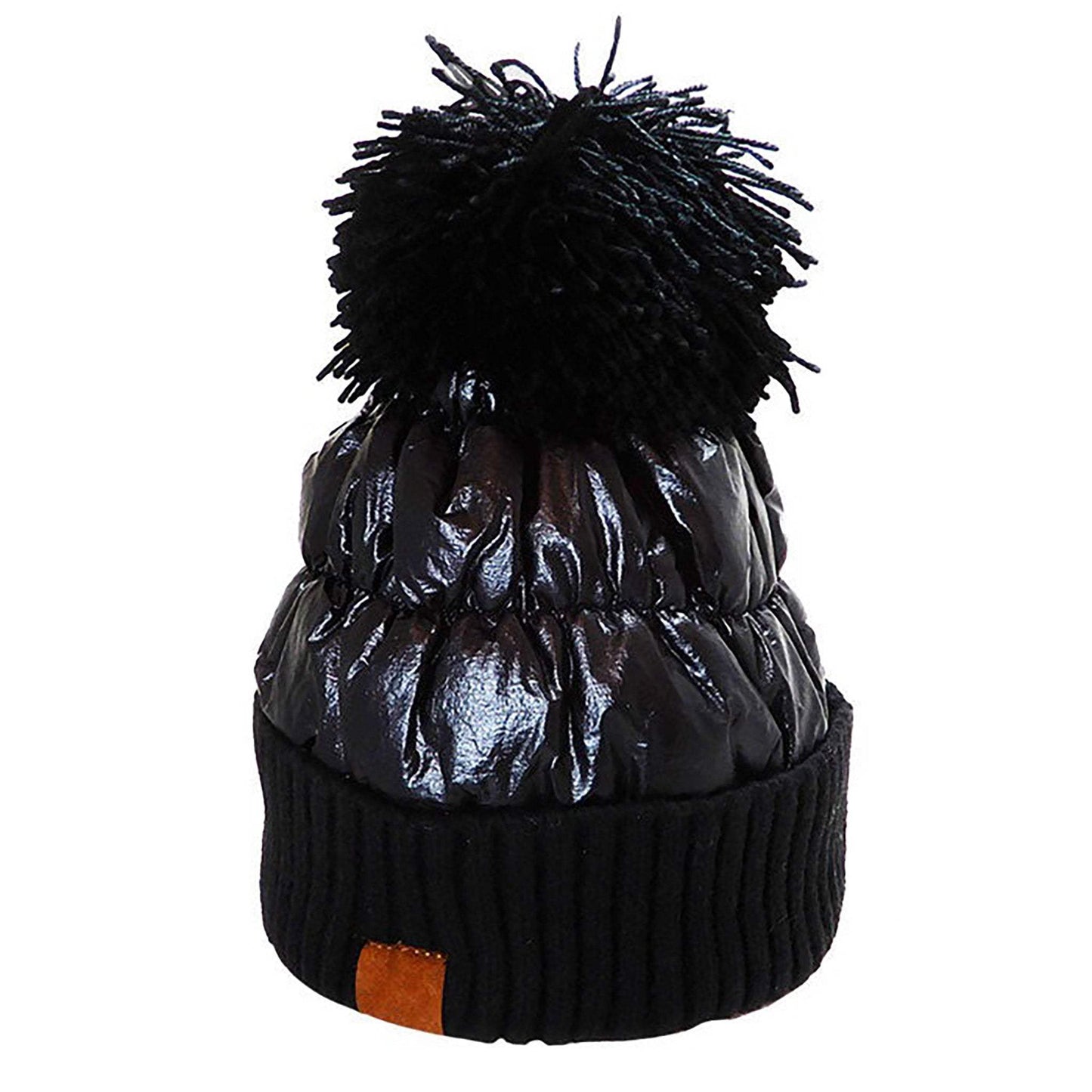 Winter Cozy Puffer Knit Pom Pom Glossy Beanie Hat - Madeline Love - Flyclothing LLC