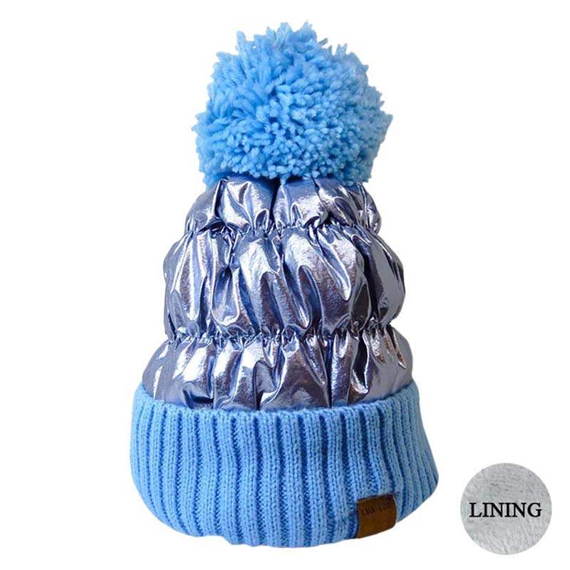 Winter Cozy Puffer Knit Pom Pom Glossy Beanie Hat - Madeline Love - Flyclothing LLC