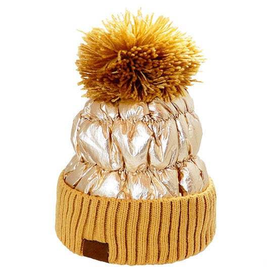 Winter Cozy Puffer Knit Pom Pom Glossy Beanie Hat - Madeline Love - Flyclothing LLC