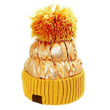 Winter Cozy Puffer Knit Pom Pom Glossy Beanie Hat - Madeline Love - Flyclothing LLC