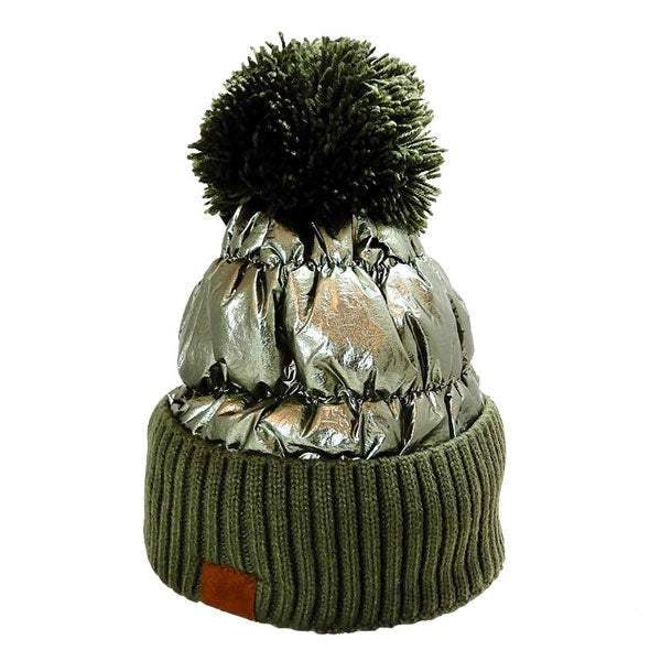 Winter Cozy Puffer Knit Pom Pom Glossy Beanie Hat - Madeline Love - Flyclothing LLC