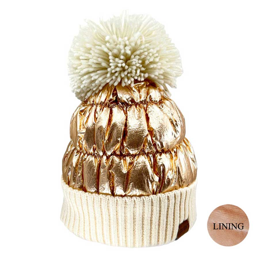 Winter Cozy Puffer Knit Pom Pom Glossy Beanie Hat - Madeline Love - Flyclothing LLC