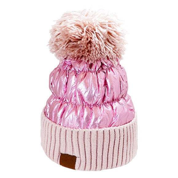 Winter Cozy Puffer Knit Pom Pom Glossy Beanie Hat - Madeline Love - Flyclothing LLC