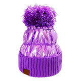 Winter Cozy Puffer Knit Pom Pom Glossy Beanie Hat - Madeline Love - Flyclothing LLC