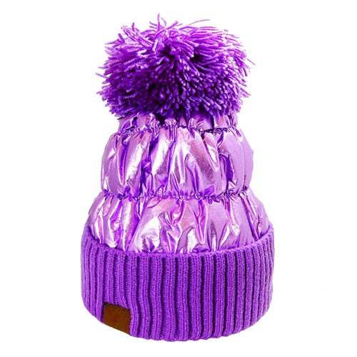 Winter Cozy Puffer Knit Pom Pom Glossy Beanie Hat - Madeline Love - Flyclothing LLC
