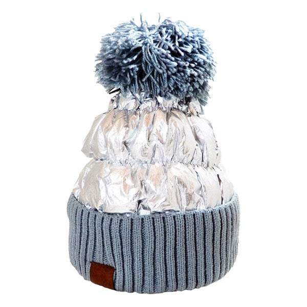 Winter Cozy Puffer Knit Pom Pom Glossy Beanie Hat - Madeline Love - Flyclothing LLC