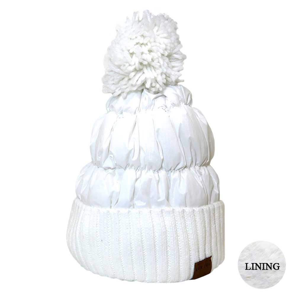 Winter Cozy Puffer Knit Pom Pom Glossy Beanie Hat - Madeline Love - Flyclothing LLC