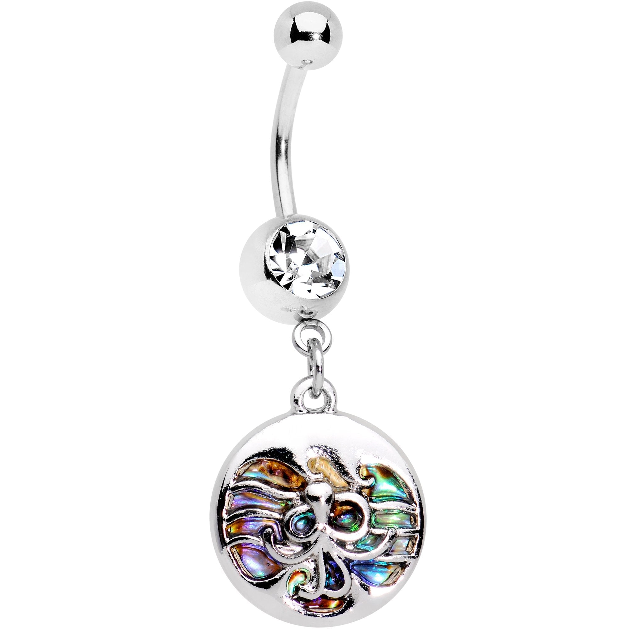 Clear Gem Cosmic Iridescent Inlay Octopus Dangle Belly Ring - BodyCandy - Flyclothing LLC
