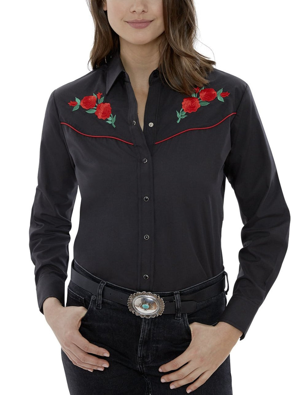 Women's Ely Walker Long Sleeve Western Snap Shirt with Red Rose Embroidery