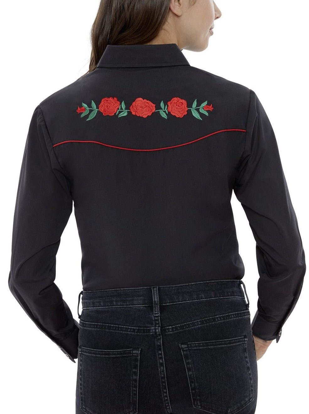 Women's Ely Walker Long Sleeve Western Snap Shirt with Red Rose Embroidery