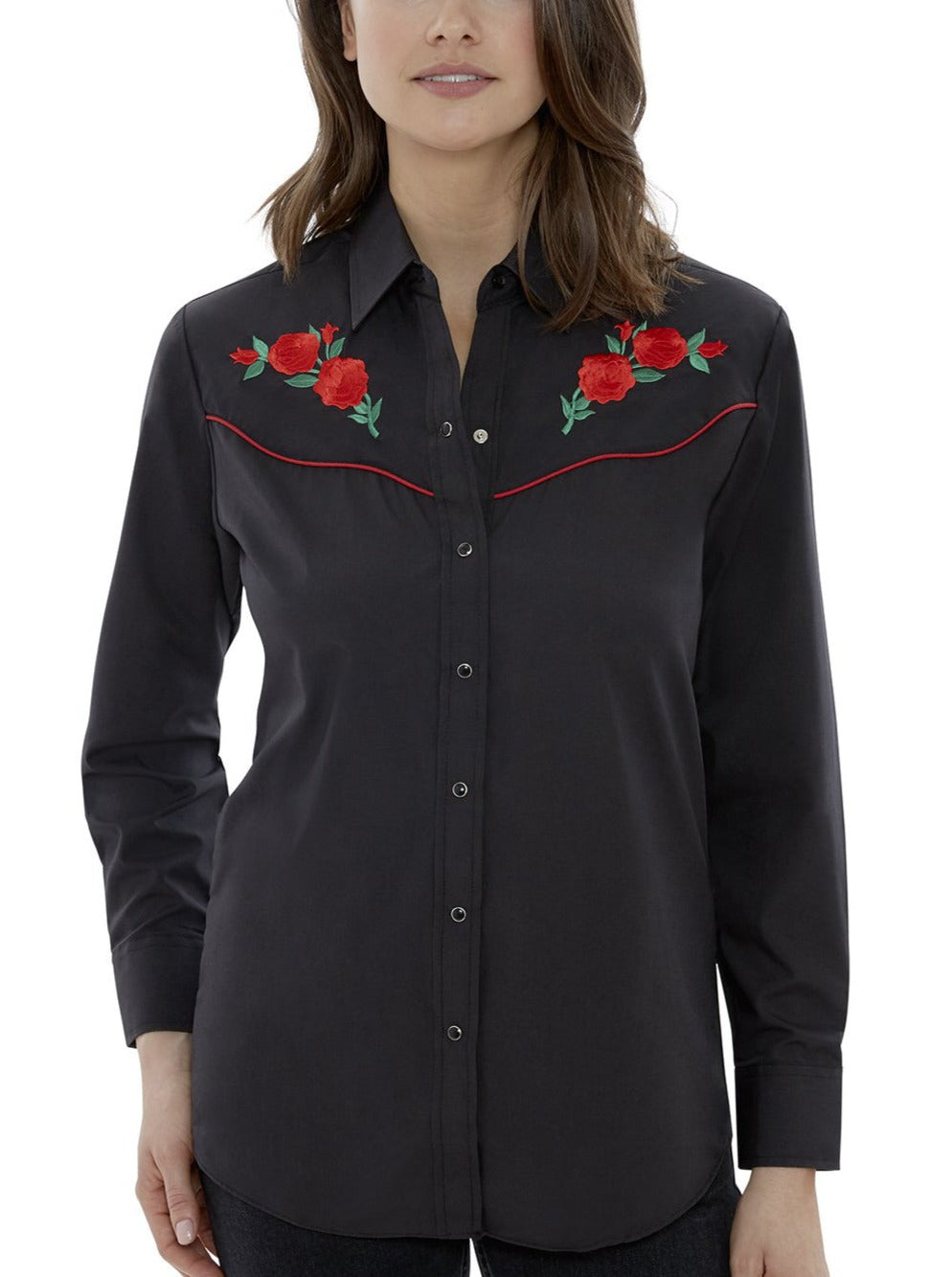 Women's Ely Walker Long Sleeve Western Snap Shirt with Red Rose Embroidery